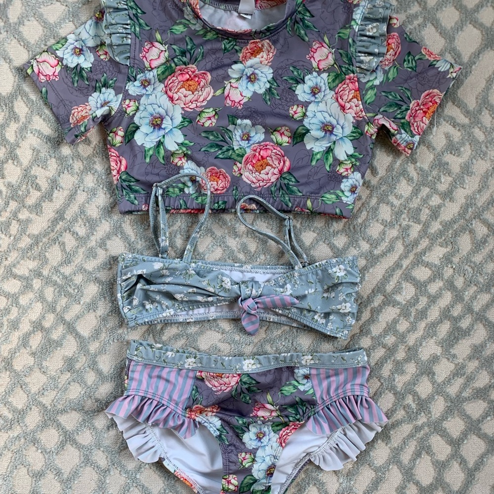 Olga Valentine 3 piece girls bikini set & rash guard size 10